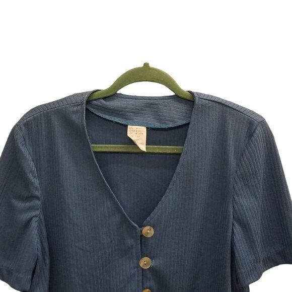 Womens Sz 14 Blue Solid Short Sleeve Ribbed Semi Cropped Cardigan - Picture 4 of 9